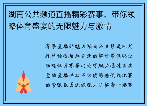 湖南公共频道直播精彩赛事，带你领略体育盛宴的无限魅力与激情